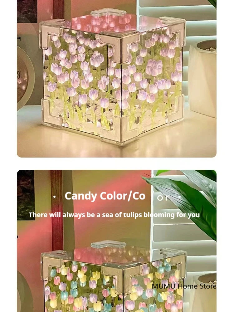 DIY 3D Cloud Tulip LED Night Light Flower Sea Mirror Table Lamps Cube Mirror Atmosphere Night Light Bedroom Decor Table Lamp