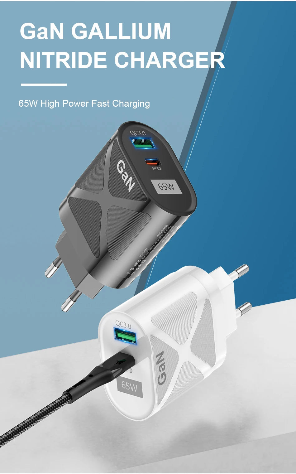 65W Gan Charger for Australia New Zealand AU Plug PD 33W Fast Charger QC 3.0 USB Adapter for iPhone 15 14 13 Pro Max