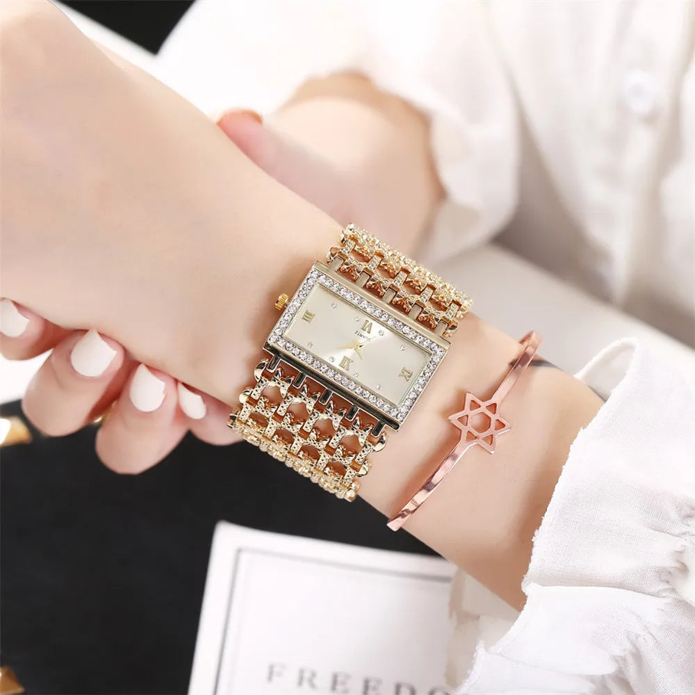Luxury Ladies Simple Diamond Set Square Bracelet Quartz Watches Fashion Gold Stainless Steel Skeleton Women Clock Dress Watch