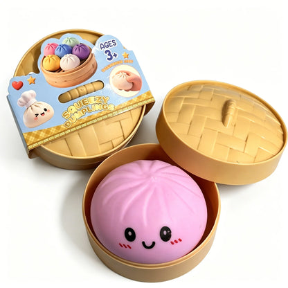 Colorful Dumpling Squishes Stress Balls Fidget Sensory Toys Simulation Food Squishies Bun with Steamer Squeeze Dough Ball Gifts