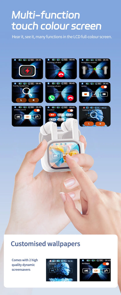 Ai Translation Wireless Earbuds with Touchscreen Charging Case, In-Ear Earphones with Microphone, Compatible with TV/Smartphone