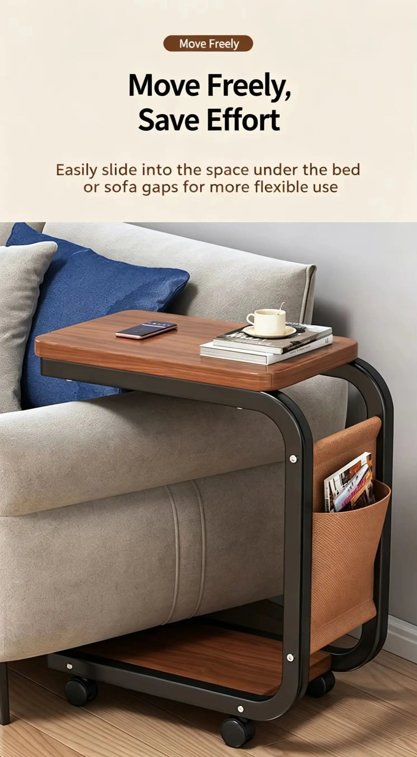 Movable small edge table with antique style for home use, wheeled living room, bedroom, storage rack, small cart, coffee table