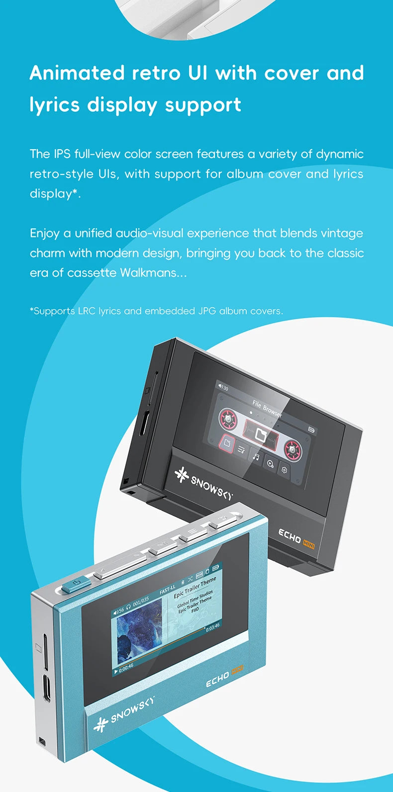 SnowSky/FiiO Echo Mini HiFi Bluetooth MP3 Pure Music Player, 15 godzin odtwarzania, wyjście słuchawkowe 3,5 mm/4,4 mm