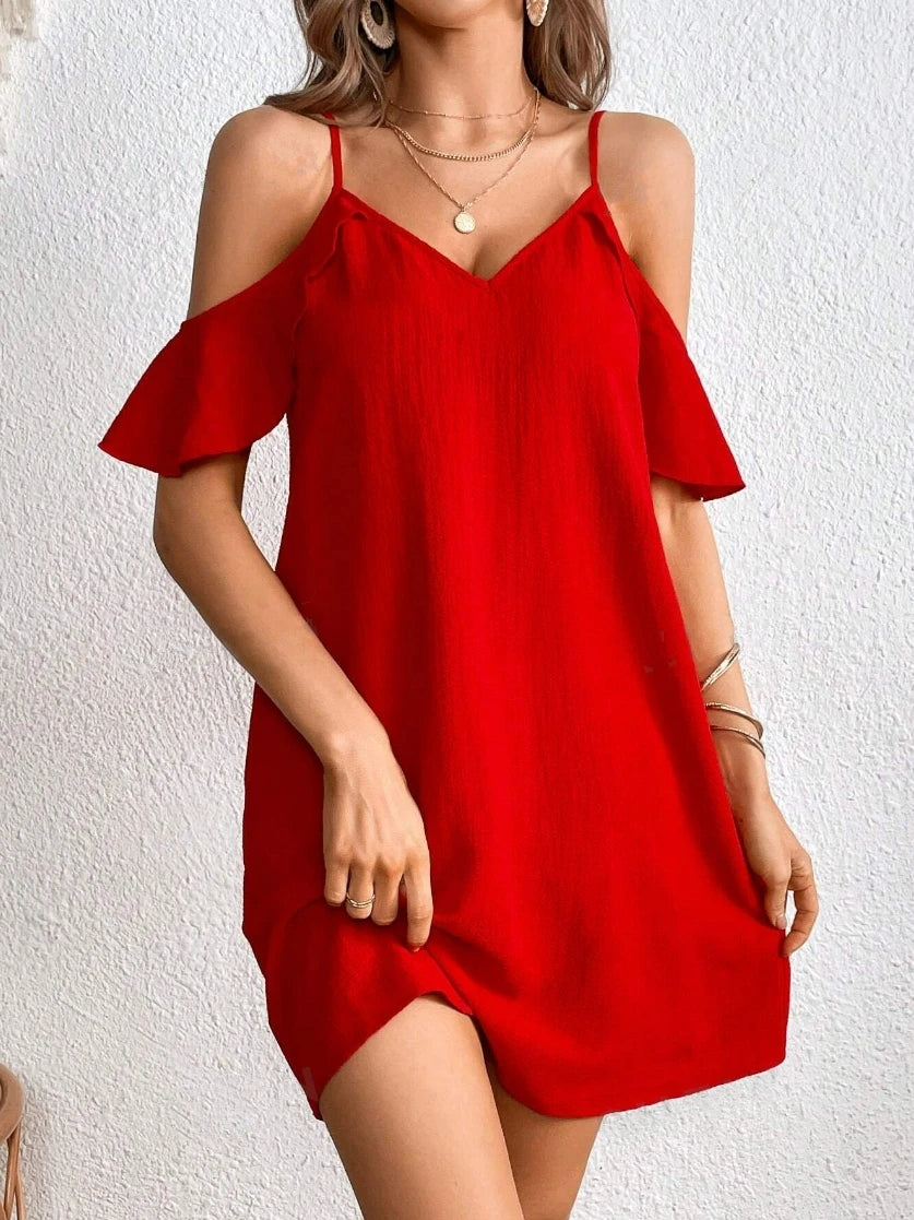 Women's Red Cold Shoulder Cami Dress Spaghetti Strap V Neck Ruffle Sleeve Loose Fit Casual Spring Summer Beach Mini Dress