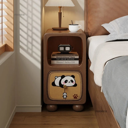 Cartoon Panda Solid Wood Children's Nightstands for Home Child's Bedside Tables Narrow Storage Cabinets for Children Furnitures