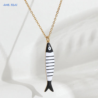 Cute Colorful Enamel Fish Pendant Necklaces For Women Girls Lovely Stainless Steel Gold Color Summer Waterproof Beach Jewelry