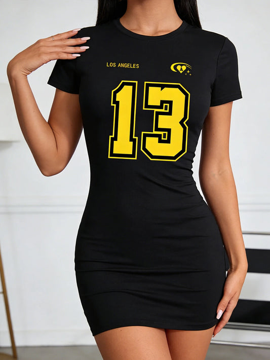 Women's Fashionable Casual American Street Sportswear Style Digital Print Short-Sleeved Dress