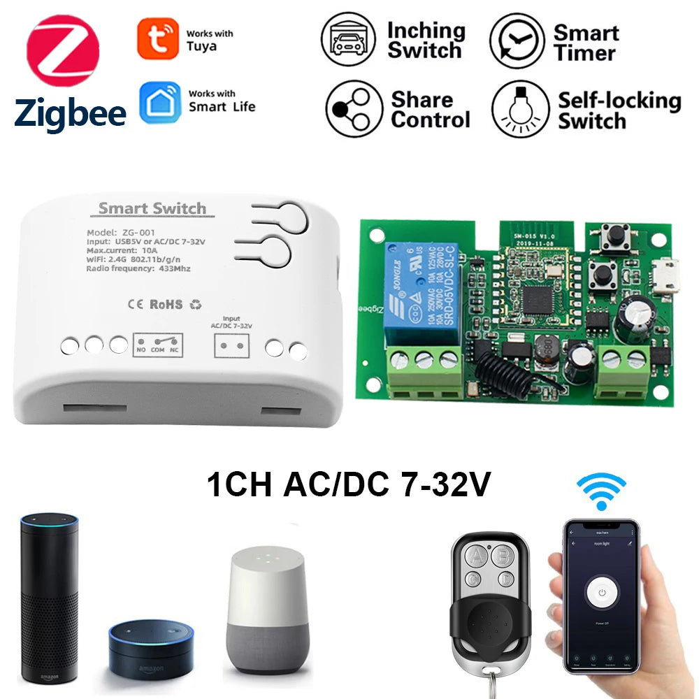 Zigbee Smart Relay Module Switch 1CH 12V 24V 220V 110V RF433 Wireless APP Remote Controller Work With Tuya/Smart-Life APP Alexa