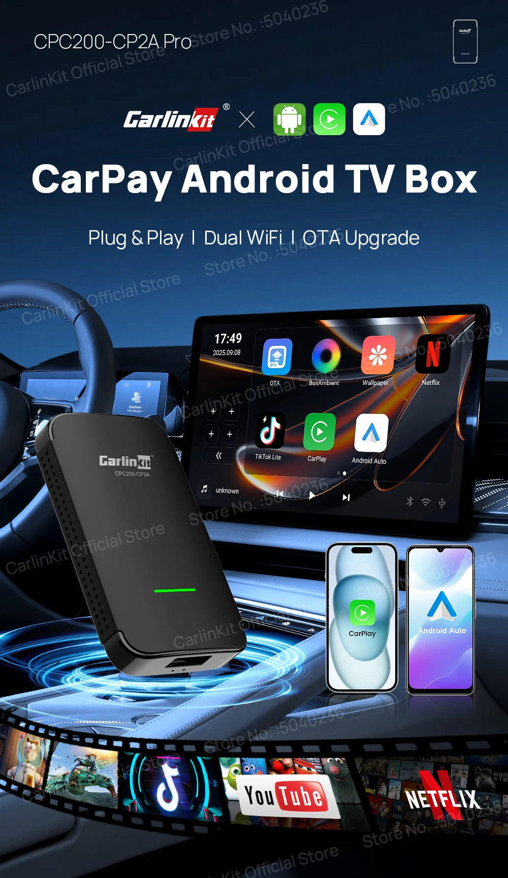 CarlinKit 4.0 CP2A Pro 3-In-1 Android TV Box CarPlay Ai Box Support Netflix YouTube Wireless CarPlay &Android Auto Smart Car Box