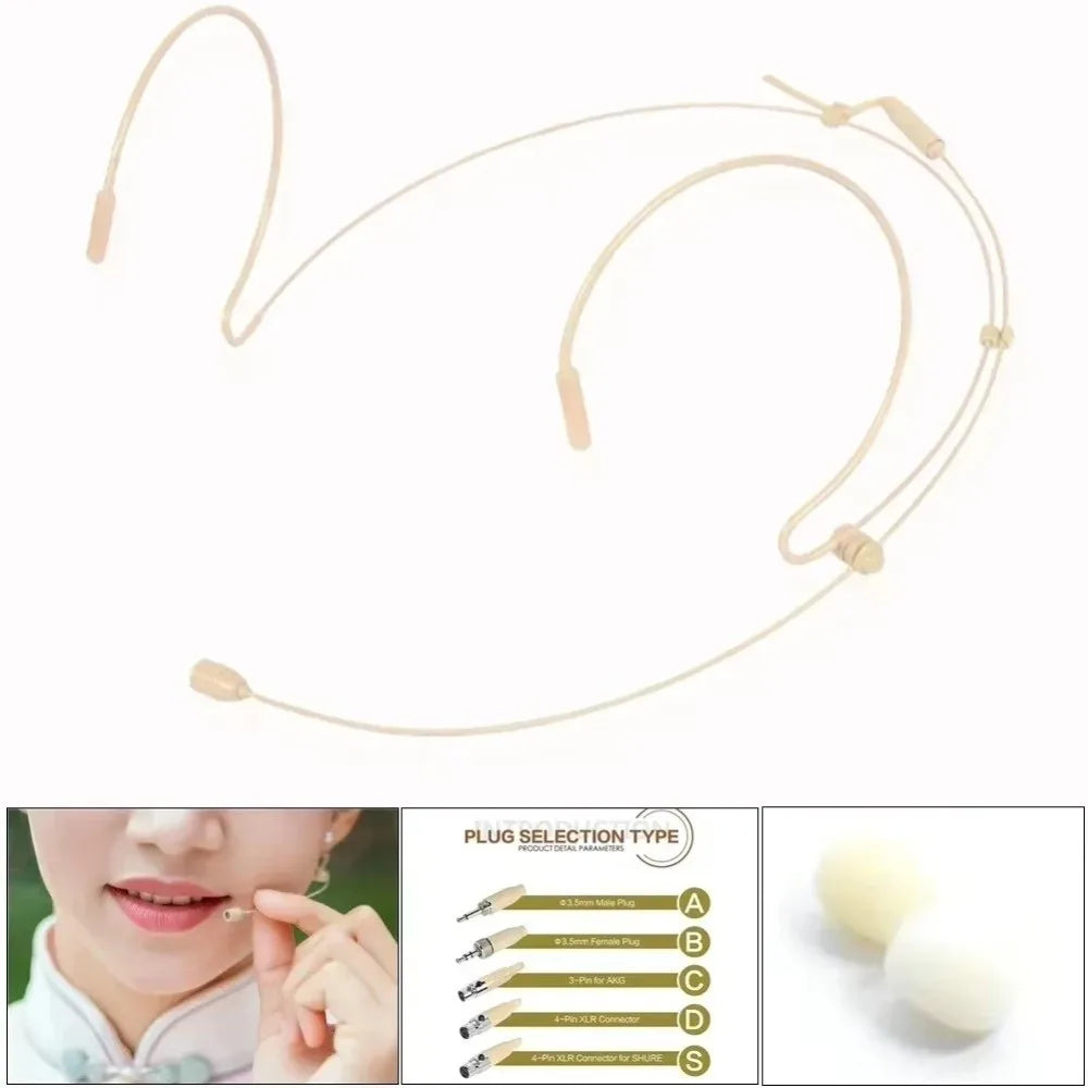 Beige Headset Mic Wireless Double Earhook Headworn Microphone 3.5mm 3 Pin Amplifier Voice Speaker Microphone Accessories