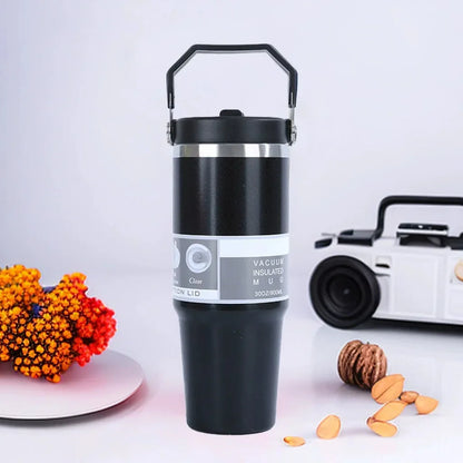 Stainless Coffee Mug with Straw Thermal Water Cups Insulated Car Drinkware