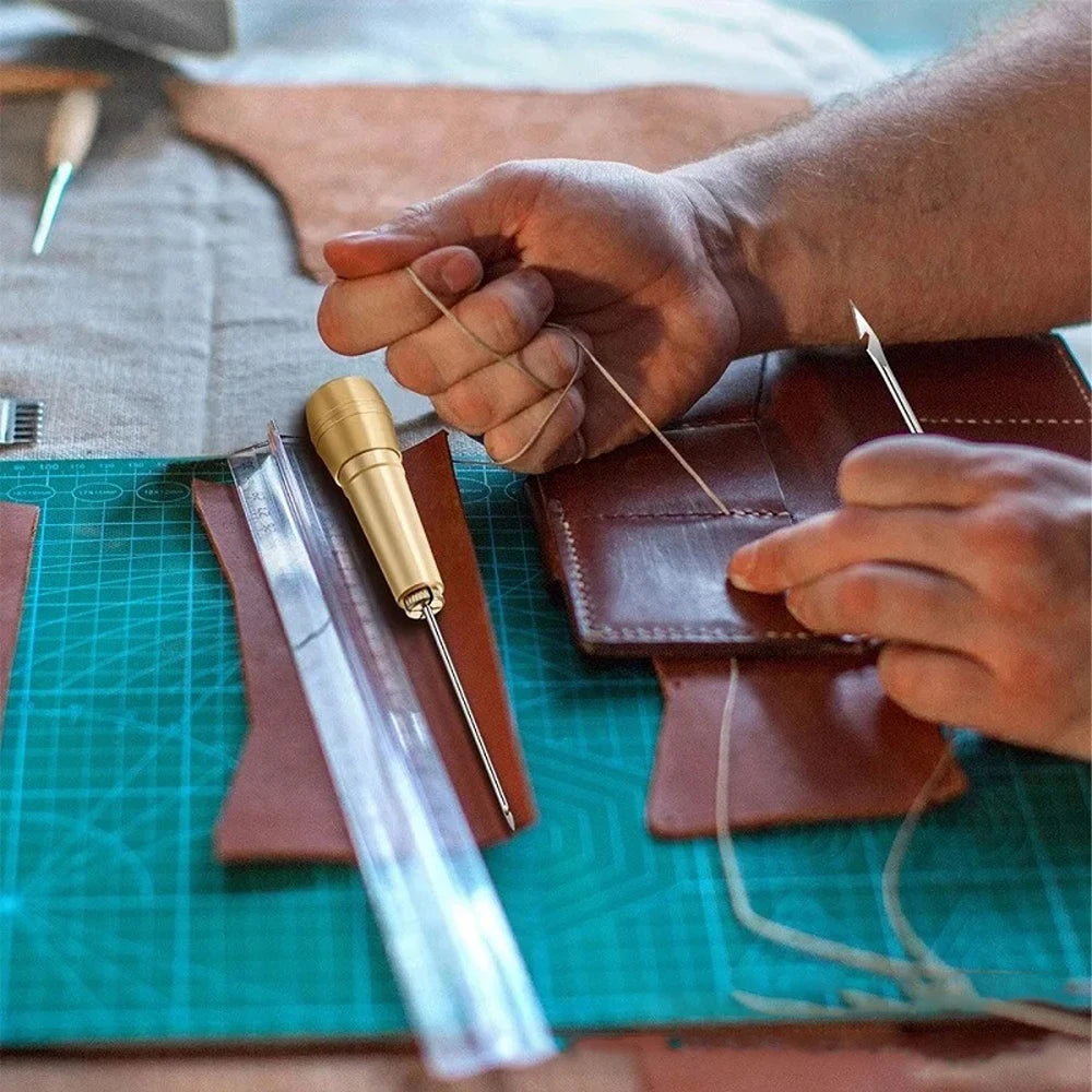 DIY Leather Sewing Kit Leather Sewing Awl Needle with Copper Handle Set Leather Canvas Tent Shoes Repairing Tool 3 Color Thread