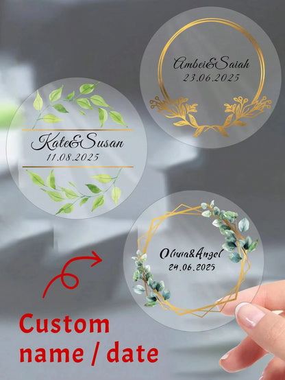 Clear Personalized Wedding Gift Stickers Circle Green Leaf Design Name Date Transparent PVC Waterproof