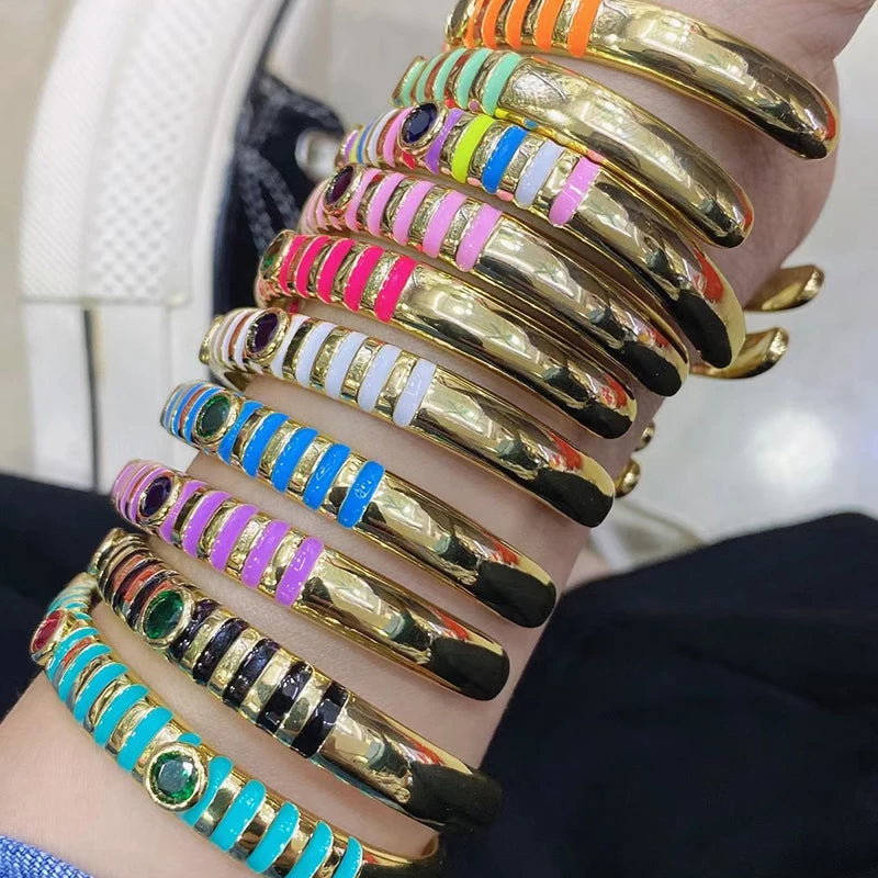 Fashionable Multicolor Gold Plated Gemstone Charm Bangle,Fine Colorful Enamel Open Adjustable Bracelet Jewelry Supply  Q35