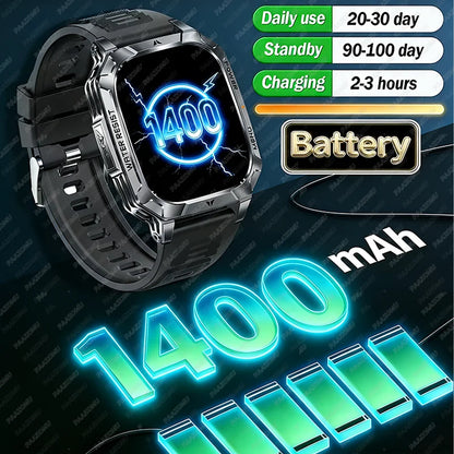New Rugged Military Smart Watch Men 1400 mAh battery 2.01inch Bluetooth Call Health monitoring device LED flashlight Smart watch