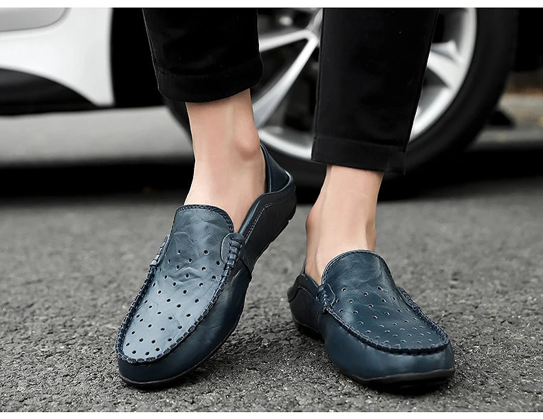 Men's Driving Shoes Large Size Loafers Hollow out Casual Bean Bean Shoes Leather Slip-On Footwear for Men