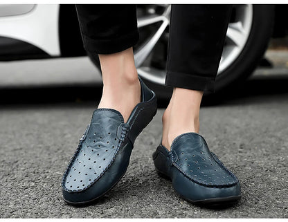 Men's Driving Shoes Large Size Loafers Hollow out Casual Bean Bean Shoes Leather Slip-On Footwear for Men