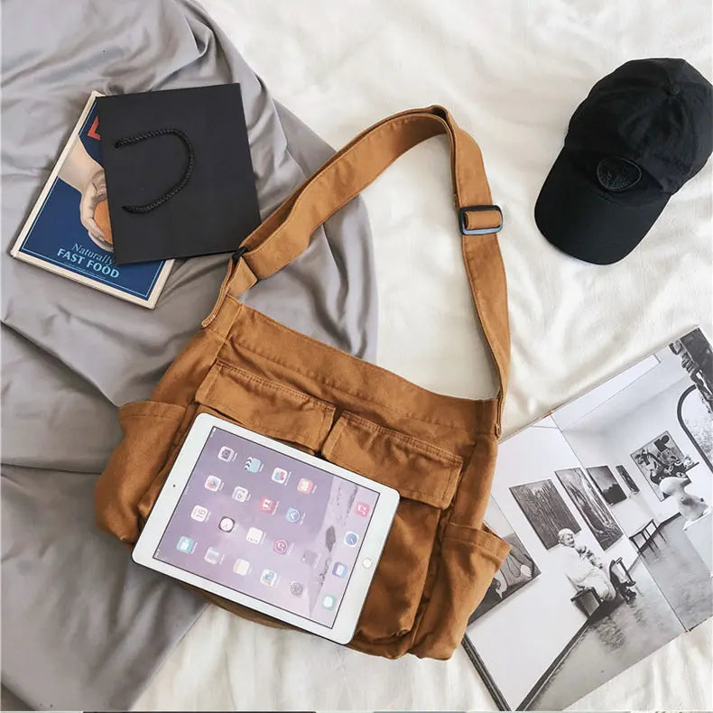 1Pc New style retro crossbody bag, single-shoulder bag, casual canvas bag, large capacity, artistic street photography bag