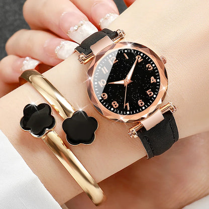 20266PCs/Set Women's Watch Fashion Digital Leather Quartz Watch with Unique Flower Jewelry Set