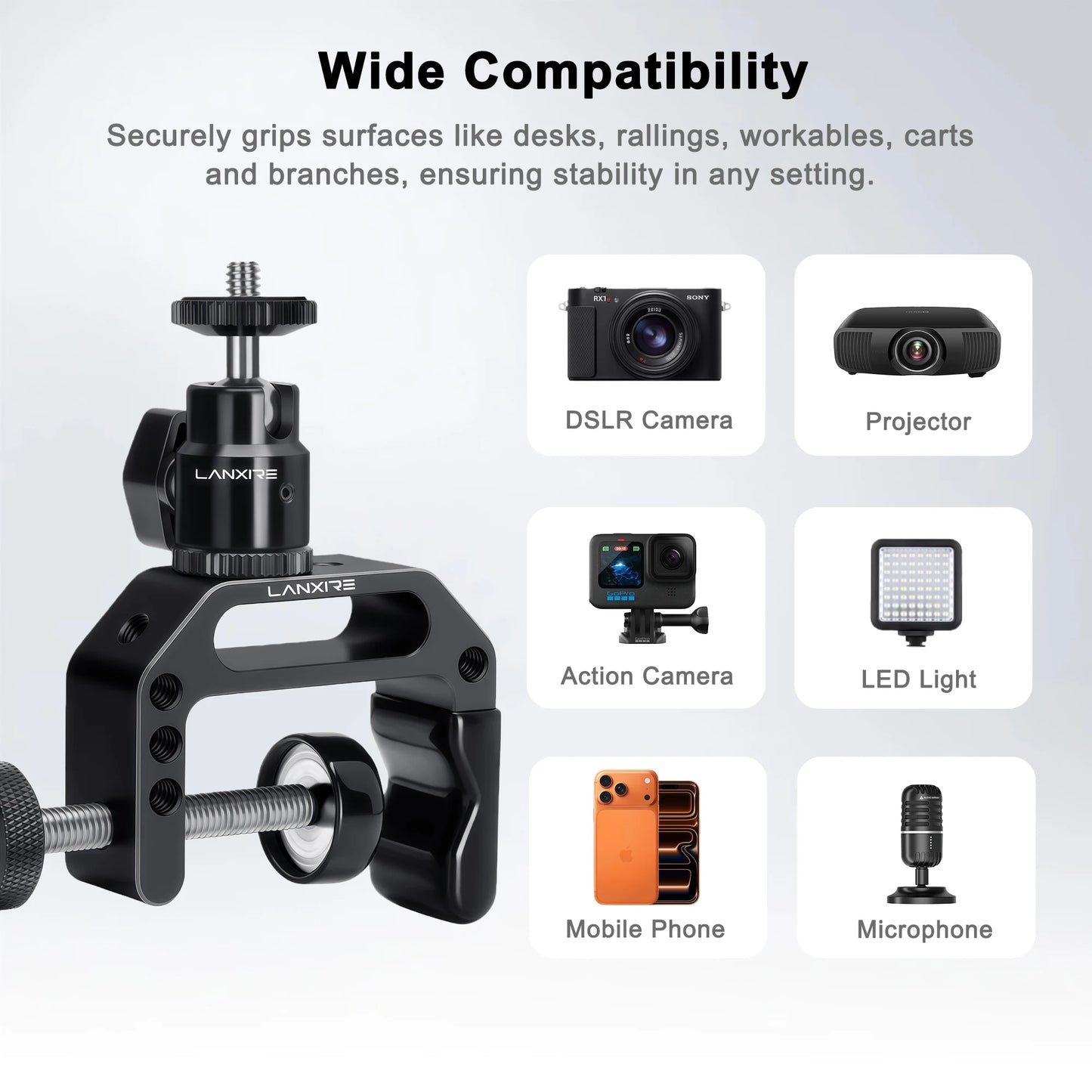 Lanxire C Clamp Camera Mount Clamp with 1/4" Screw Mini Ball Head for Camera, Gopro, Insta360, Flash Light, Monitor, Microphone