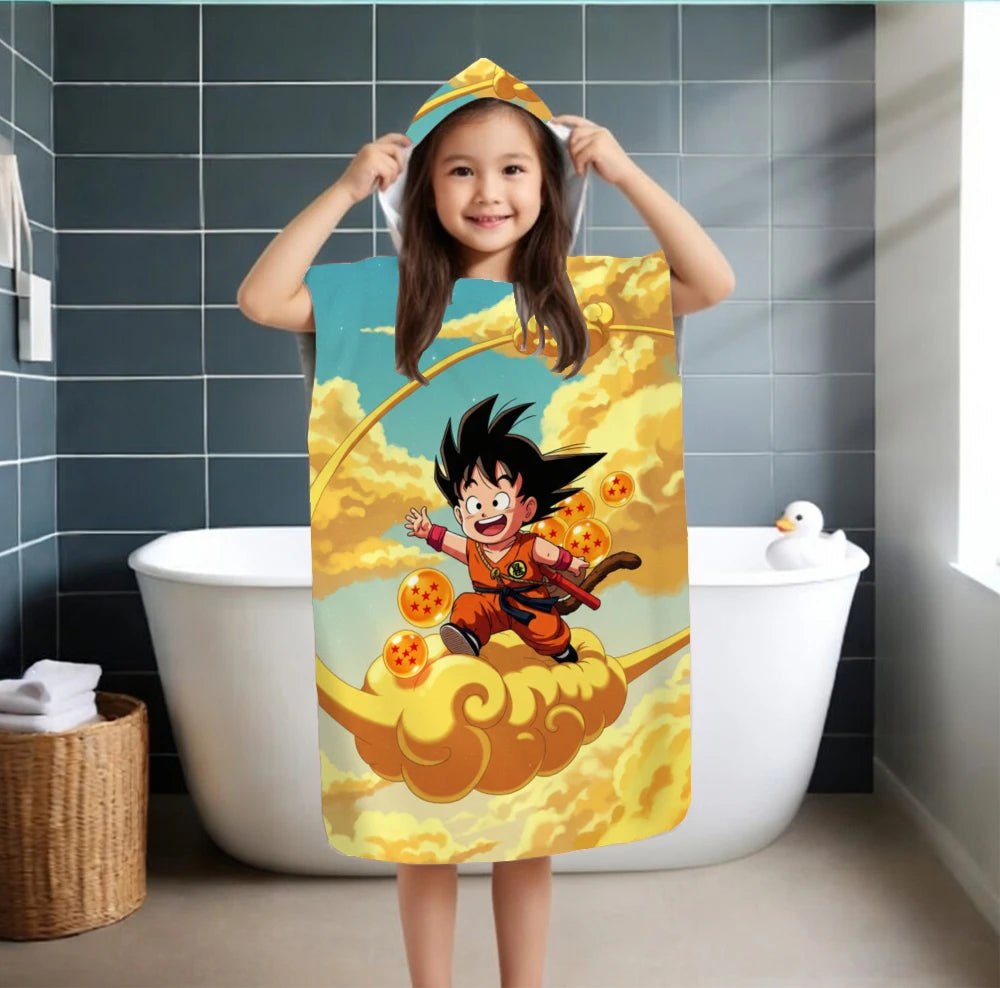 Dragon Ball Kid Goku Hooded Bath Towel, Kinto Un Cloud Parent-Child Microfiber Quick Dry Poncho for Kids Swim Beach