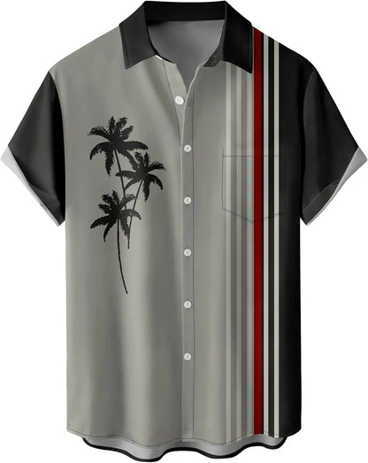 Summer Men's Gradient Sketch Coconut Tree 3D Printed Shirt, Vintage Hawaiian Tropical Quick Drying Loose Shirt
