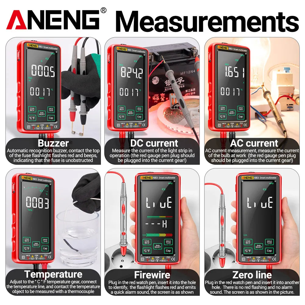 Multimetr Smart z ekranem dotykowym, tester ładowalny napięcia/prądu AC/DC, miernik NCV z indukcją, narzędzia elektryczne do diod ANENG 683