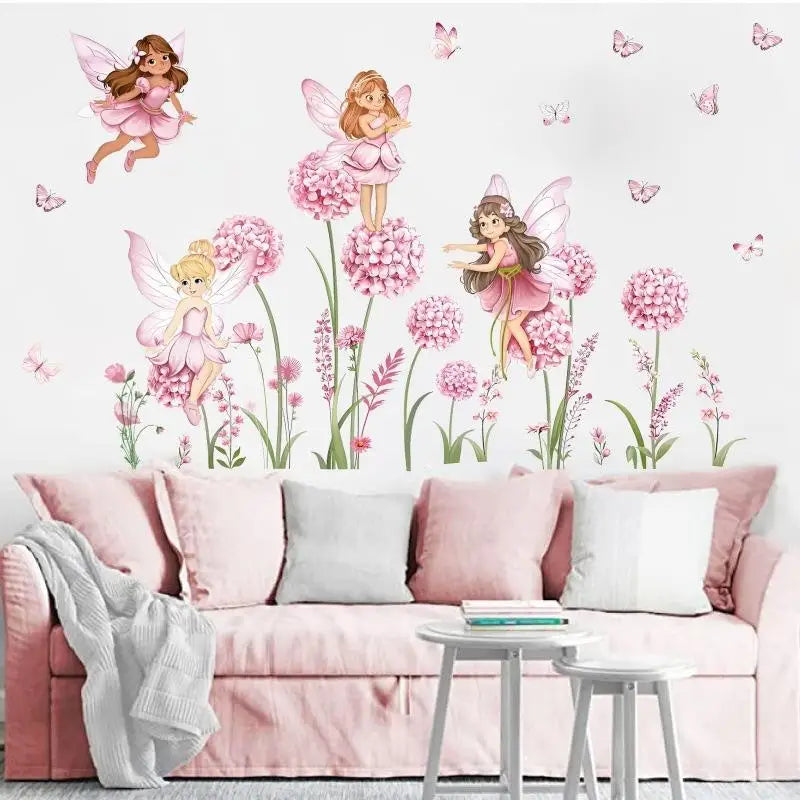 Z. Cartoon Pink Flower Fairy Dandelion Wall Stickers Girl Room Floral Butterfly Wall Decals Bedroom Baby Nursery Kids Home Decor