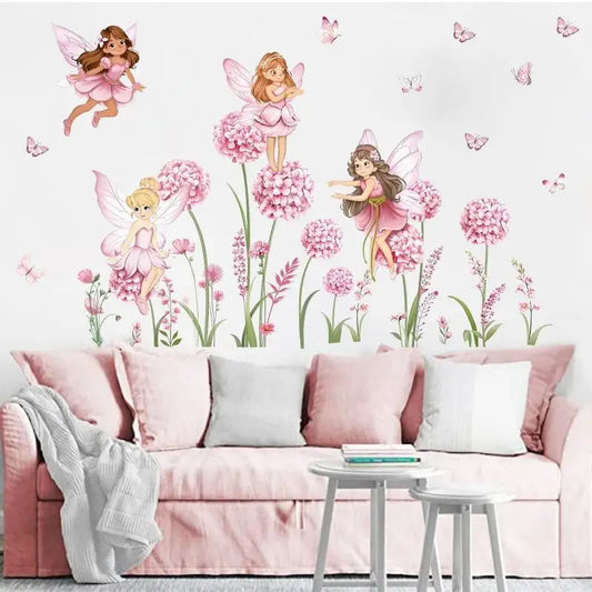 Z. Cartoon Pink Flower Fairy Dandelion Wall Stickers Girl Room Floral Butterfly Wall Decals Bedroom Baby Nursery Kids Home Decor