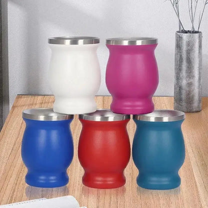 230ML Mate Cup 304 Stainless Steel Double Wall 8oz Portable Tea Mug Mate Tea Gourd With 2 In 1 Straw Spoon Give Cleaning Brush