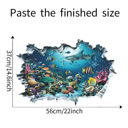 New 3D Wall Stickers Shark Broken Wall Aquarium Ocean Wall Stickers for Kids Rooms Bathroom Kitchen Home Decor Cartoon