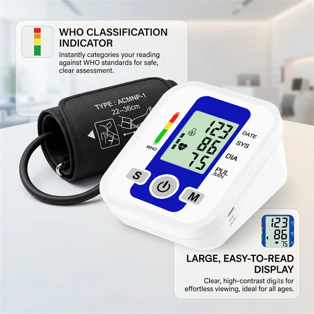 Automatic Arm Blood Pressure Monitor LCD Pressure Sensor Monitor BP Automatic Tonometer Digital Tensiometer LED Display Cuff
