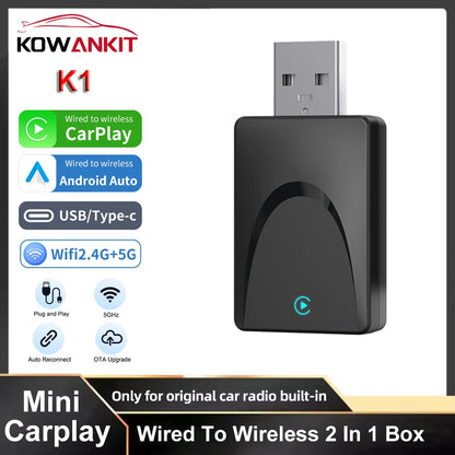 Mini Wireless 2 in1 Carplay Adapter for Android iPhone Auto Wired to Wireless AI Box USB Connection For Volvo MG Kia Chery Toyot