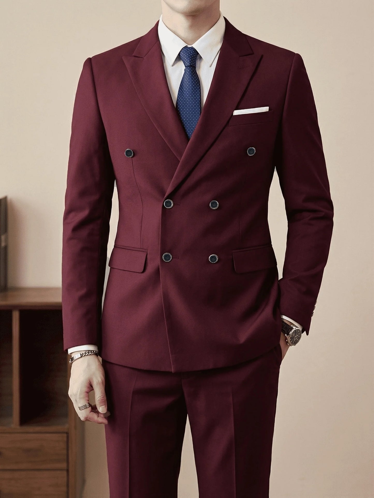 Men'S Slim Fit 2pcs Suit Double Breasted Business Wedding Prom Tuxedo Suits Blazer & Pants Set