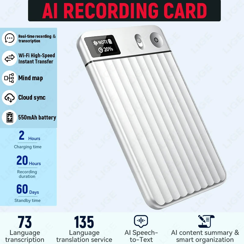 LIGE AI Voice Recorder GPT Intelligent APP Control Audio Mind Map Real Time Transcription Translate Summary Phone Call Recording