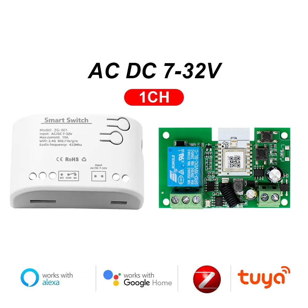 1 Channel Zigbee/WIFI Tuya Smart Relay 12V 24V 110V 220V Dry Contact NO/NC/COM Module Remote Switch for Light/Motor,Alexa Work