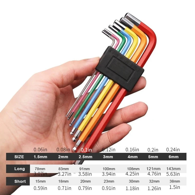 7Pcs Bike Hex Tool MTB Road Bike Repair Tool Kit Bicycle Colorful Hexagon Spanner Flat Ball Opening Wrench 1.5/2/2.5/3/4/5/6mm
