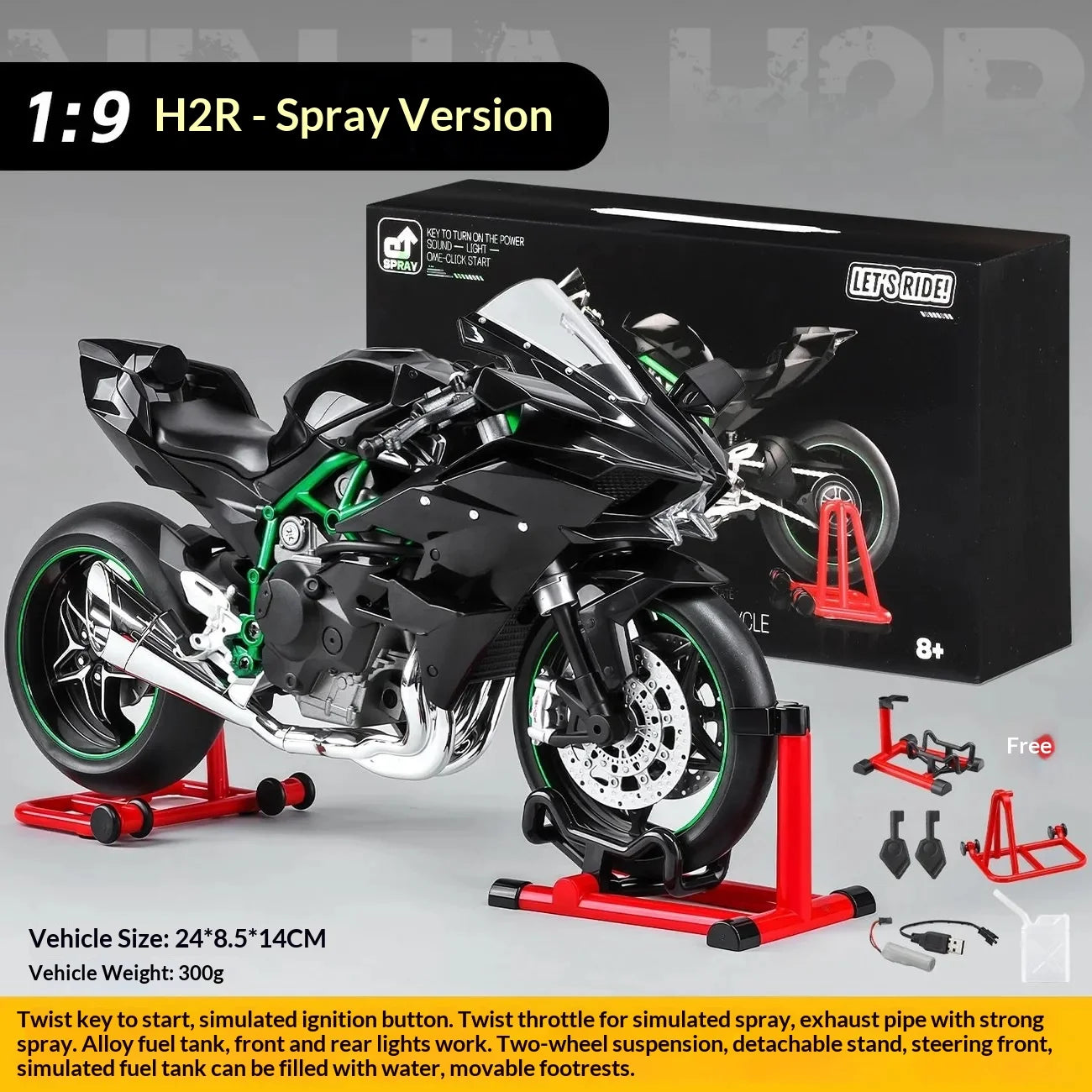 Kawasaki Ninja H2R 1:9 Scale Dynamic Model - Smoke Effect Alloy Motorcycle in Gift Box, Collector‘s Edition Cars