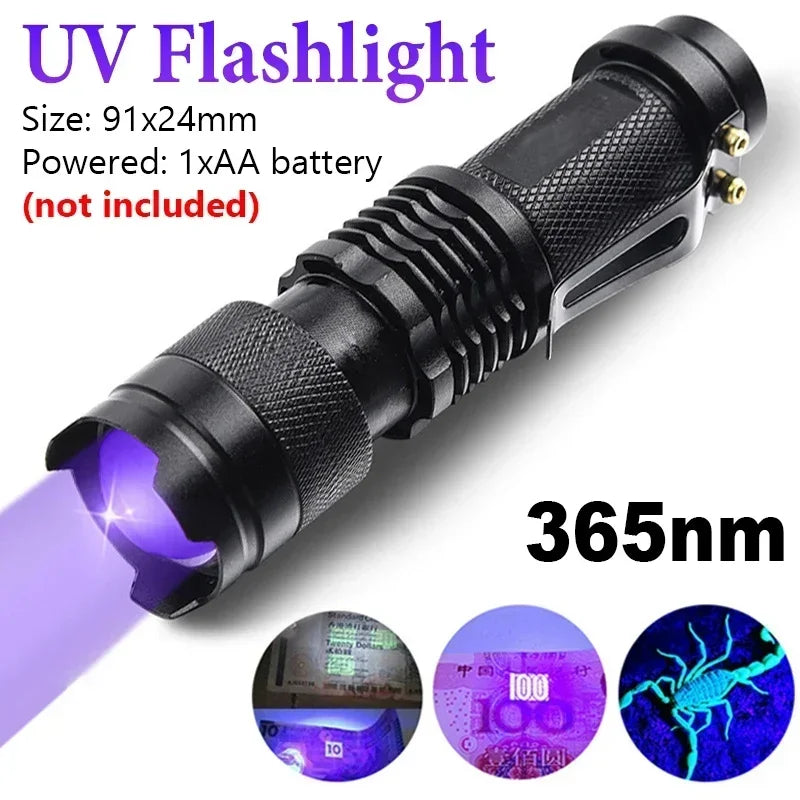 Portable UV Flashlight 365-395nm Black Light Flashlights Ultraviolet Zoomable Torch Pet Urine Stains Fluorescent Agent Detector