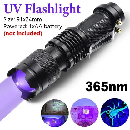 Portable UV Flashlight 365-395nm Black Light Flashlights Ultraviolet Zoomable Torch Pet Urine Stains Fluorescent Agent Detector