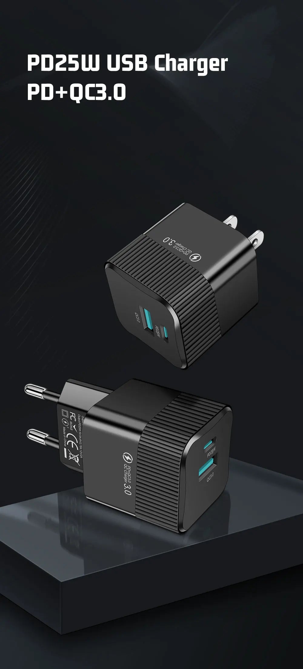 2 Ports PD 25W USB C Fast Charger KR EU  Mini Travel Plug Phone Fast Charging Adapter for iPhone 15 Pro Max Oneplus