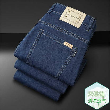 Men's Thin Jeans Spring Summer Fashion Breathable Cotton Blend Solid Color Business Casual Pants Simple Versatile Work Commute