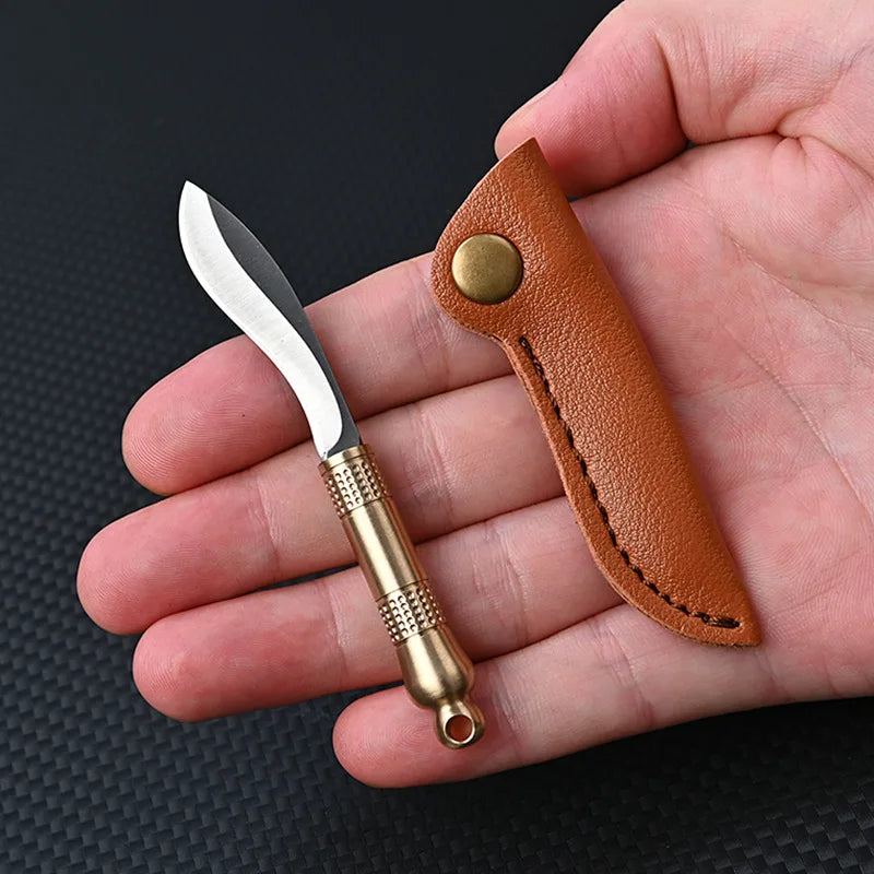 Portable Mini Knife Brass Wood Unboxing Hollow Blade EDC Fixed Blade Leather Cover Cutter Outdoor Surivival Tools Gift