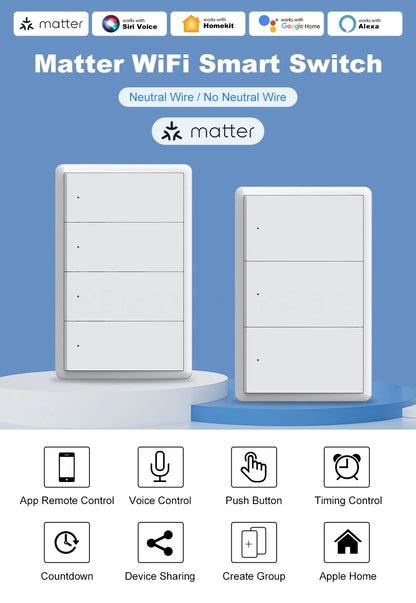 Manhot Matter WiFi Smart Wall Light Switch 1 2 3 4 Gangs with Neutral Wire Push  Physical Light Switches work with Homekit App