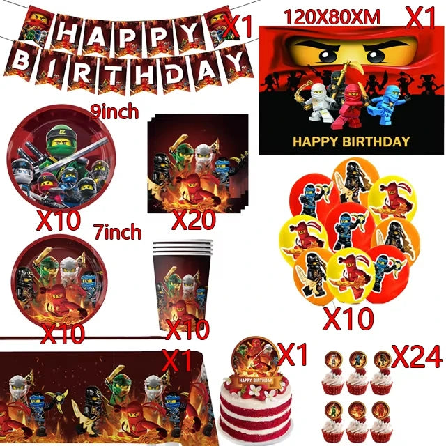 Ninjas Birthday Party Decoration Set Tableware Tablecloth Cup Plate Balloon Cake Topper Candy Boxes Party Favors Supplies Gifts