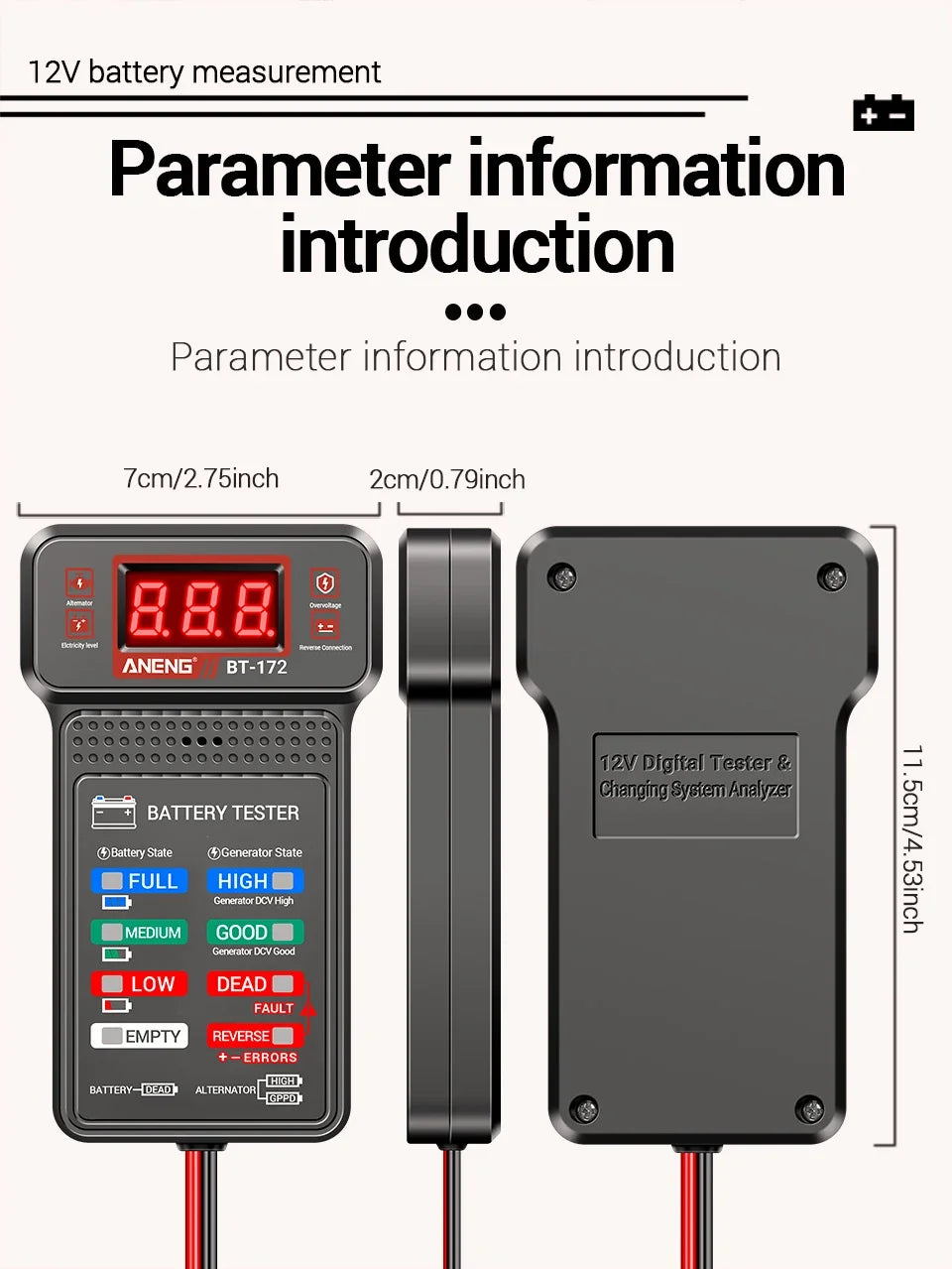 Car Battery Load Tester ANENG BT-172 Voltage Meter Gauge Digital Display Car Battery Monitor Amp Meter with Alligator Clips Tool
