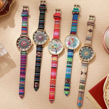 1/2/3/5PCS Fashion Women Watches Vintage Flowers Printed PU Strap Quartz Watch Reloj Mujer（Without Box）