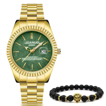 Luxury men's steel band watch calendar embossed atmosphere trend gold business quartz watch 2-piece set lion bracelet watch