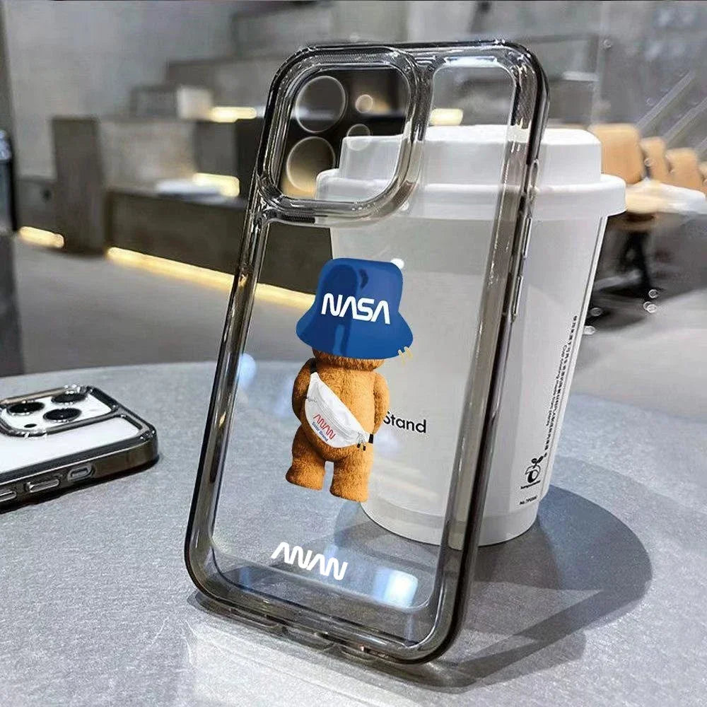 Funny Cartoon Bear Phone Case for iPhone 17 16 15 14 13 12 11 Pro Max Mini SE 7 8 Plus Luxury Shockproof Transparent Soft Cover