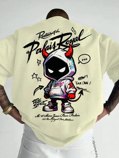 American men's summer personalized small devil letter print comfortable and breathable round neck T-shirt outdoor street top
